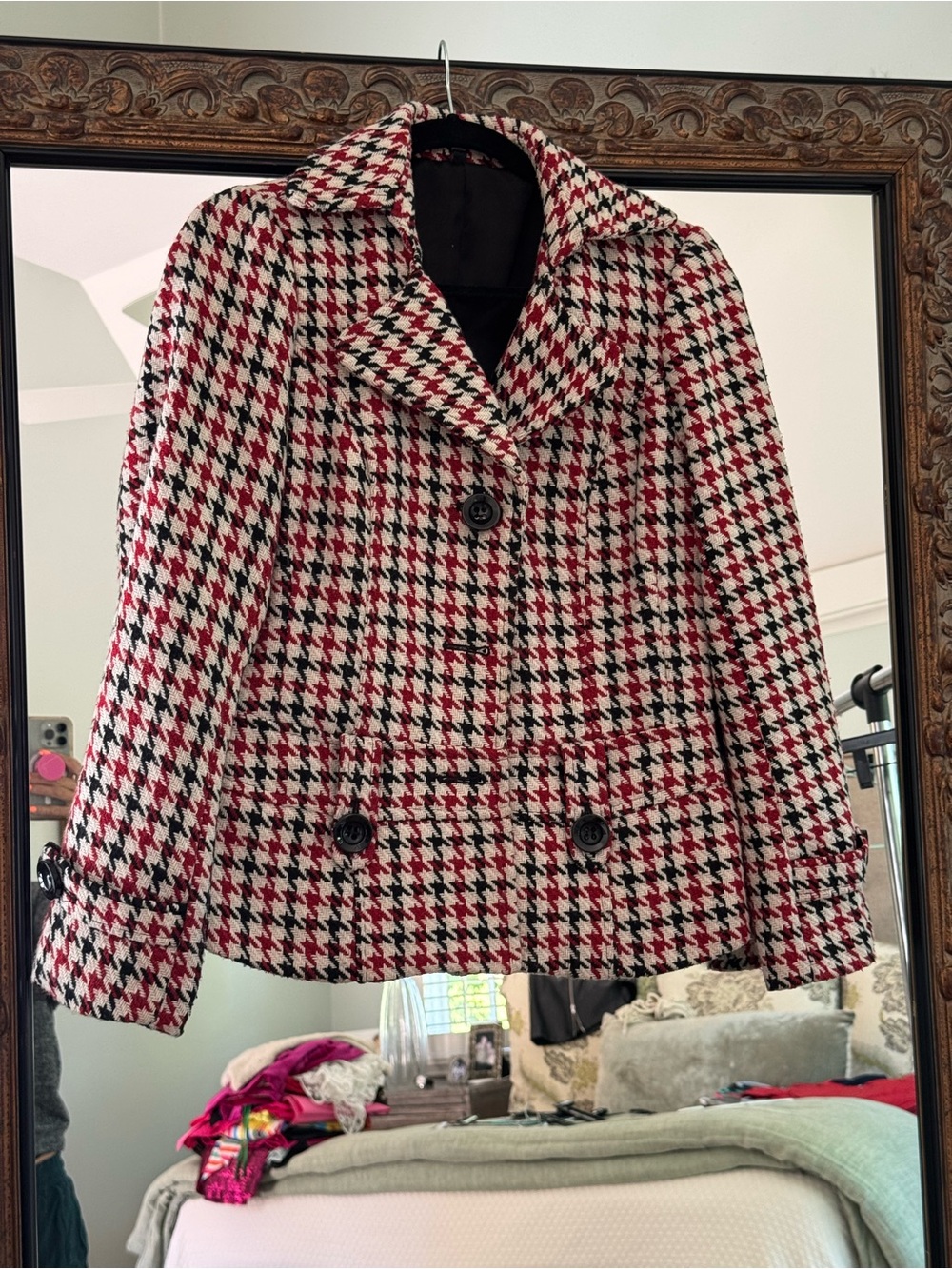 Houndstooth Wool-Blend Button Jacket - Red & White